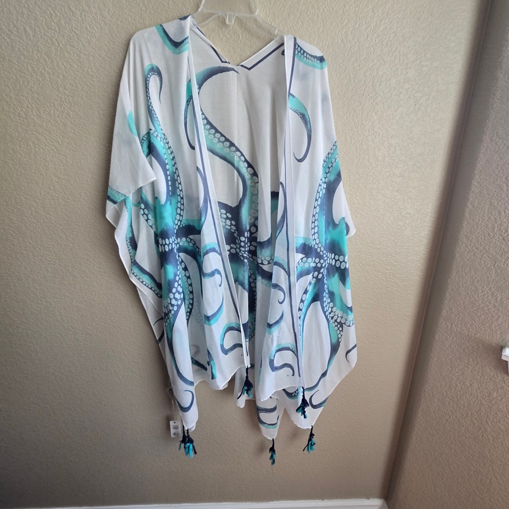 Coastal Classic Octopus Print Tassel Kimono Wrap Cover Up Green flaws